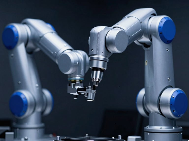 Macro shot of a high-speed robotic arm in motion, cool-toned technical lighting, high-contrast metallic slate gray and electric blue tones