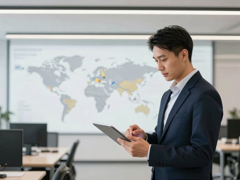 Professional logistics coordinator reviewing manifests on a tablet in a modern office, a map of global shipping routes faintly visible in the background, crisp high-contrast executive lighting.