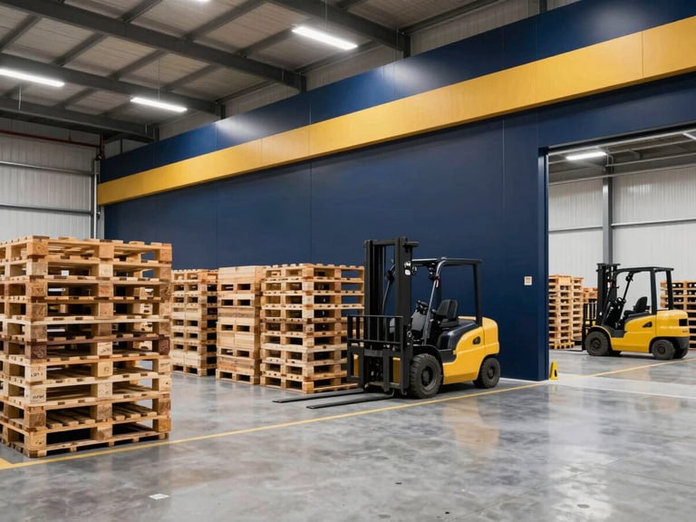 Interior of a clean, modern warehouse in Barka, neatly stacked pallets, forklifts in the distance, bright industrial lighting, deep navy and gold accents.