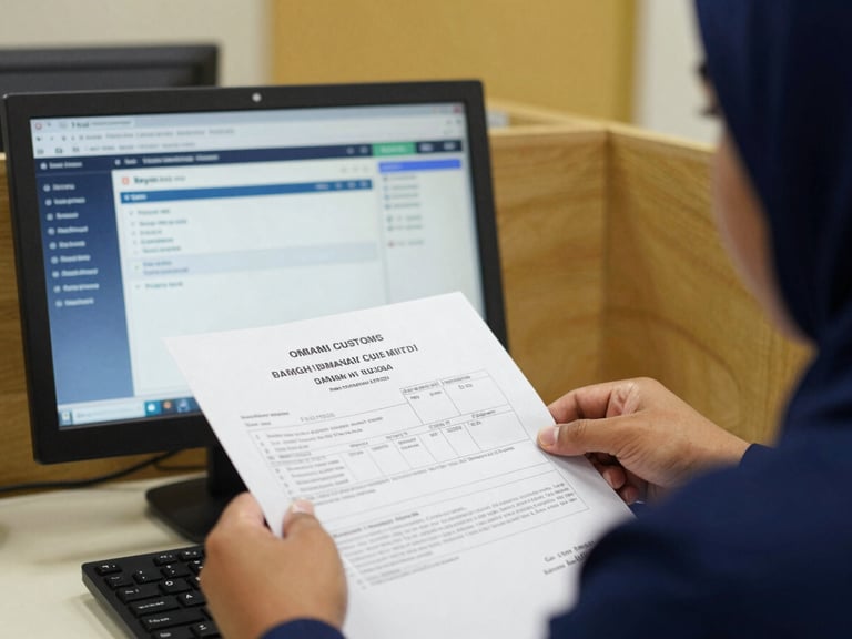 Close-up of official Omani customs documents being processed by a professional, a computer screen displaying the Bayan system interface in the background, sharp daylight.