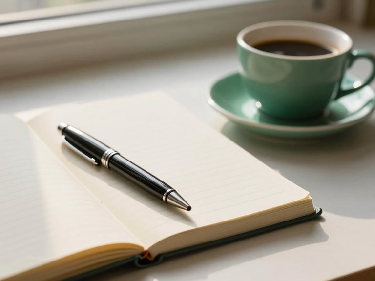 A close-up of a clean study desk with a notebook, an elegant pen, and a cup of coffee under soft golden morning light.