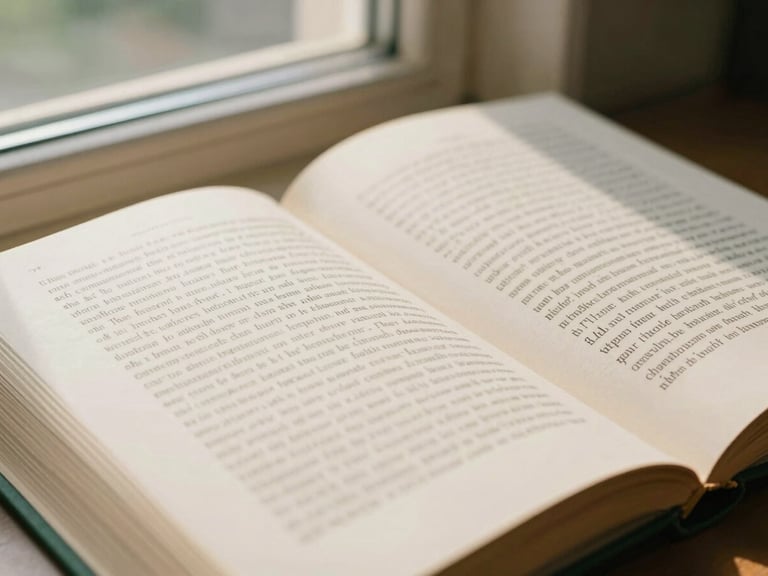 Close-up of an open book with warm natural window light illuminating the pages, showing elegant serif typography, scholarly cream and deep green tones, 35mm photography.