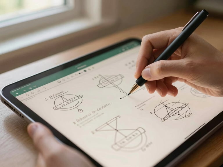 Hands writing on a digital tablet screen displaying structured educational diagrams, warm natural lighting, shallow depth of field.