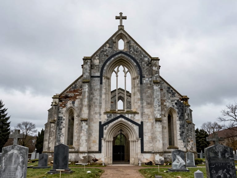 Extreme wide architectural shot showing scale, an unrestored chapel ruin in an overcast cemetery, marked by a precise black geometric paint intervention.