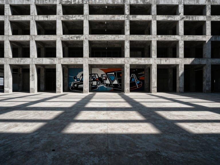 Extreme wide shot of a brutalist concrete factory floor, harsh midday shadows, a stark high-contrast mural interacting with the structural grid.