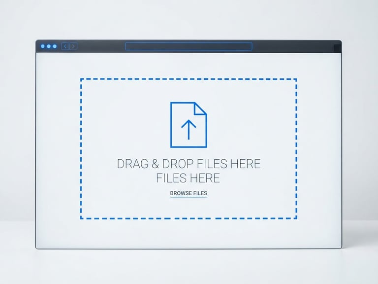 Minimalist browser mockup displaying a drag-and-drop zone with clean wireframe lines, stark monochrome interface, electric blue highlights, bright high-key studio lighting, sharp focus.