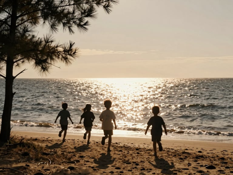 Wide shot of children running towards the Atlantic ocean at golden hour, silhouettes against the sparkling water, pine trees framing the left edge, archival film texture.