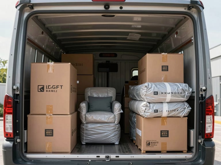 Interior of a modern cargo truck neatly packed with labeled boxes and furniture wrapped in protective blankets, bright daylight illuminating the secure arrangement.
