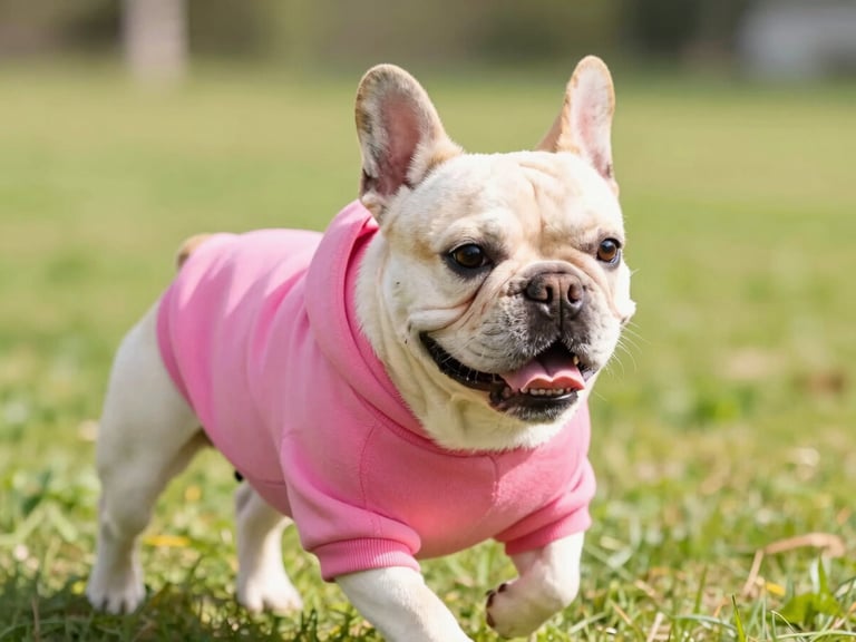 Close-up of a happy French bulldog wearing a colorful pink hoodie, running comfortably in a park, bright high-key pet photography, warm daylight, 35mm