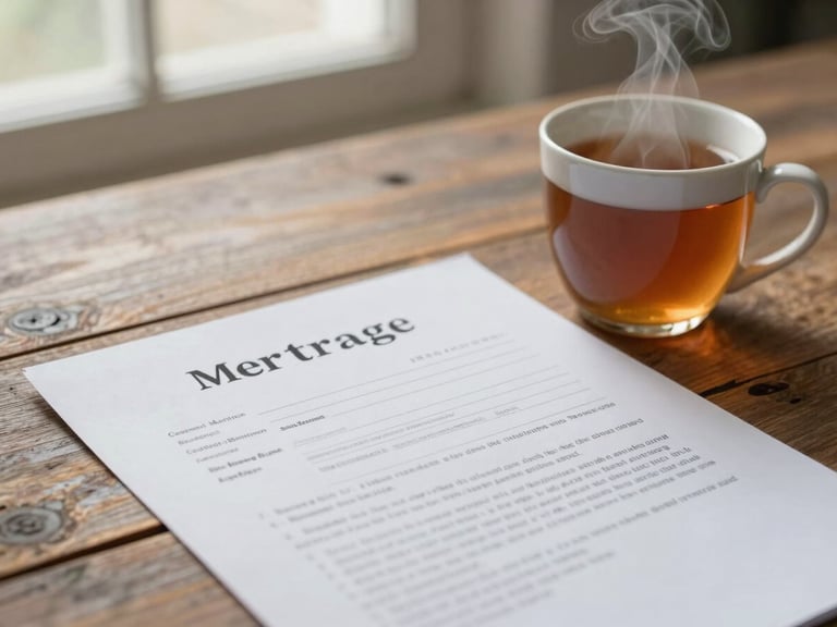 A close-up of mortgage paperwork on a rustic wooden table next to a steaming mug of tea, soft morning light through a window.