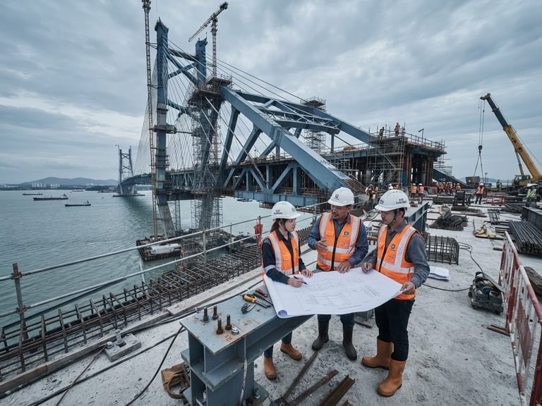 Wide-angle view of a Malaysian mega-bridge under construction, structural steel blue tones, cool overcast daylight, sharp technical detail, engineers reviewing blueprints on site in high-vis gear.