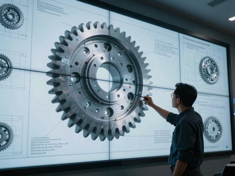 Engineer in high-vis gear reviewing a 5D BIM model on a large screen, glowing screens in a control room, tight macro shot of technical drawings overlay.