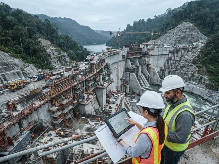 Wide-angle view of a partially constructed hydroelectric dam in Malaysia, with engineers reviewing digital blueprints on a tablet, cool overcast daylight, sharp technical detail