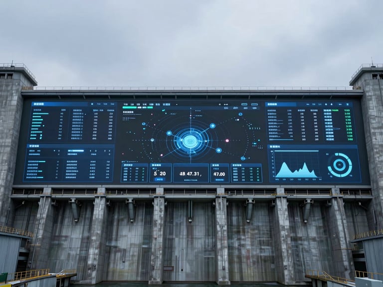 Panoramic shot of a digital twin interface displaying real-time operational data for a hydroelectric dam, glowing screens, cool tones, technical detail.