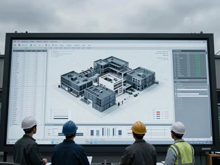 Wide-angle view of engineers reviewing a 5D BIM model on a large screen, showing overlaid schedule and cost data, cool overcast daylight, desaturated steel blue tones.
