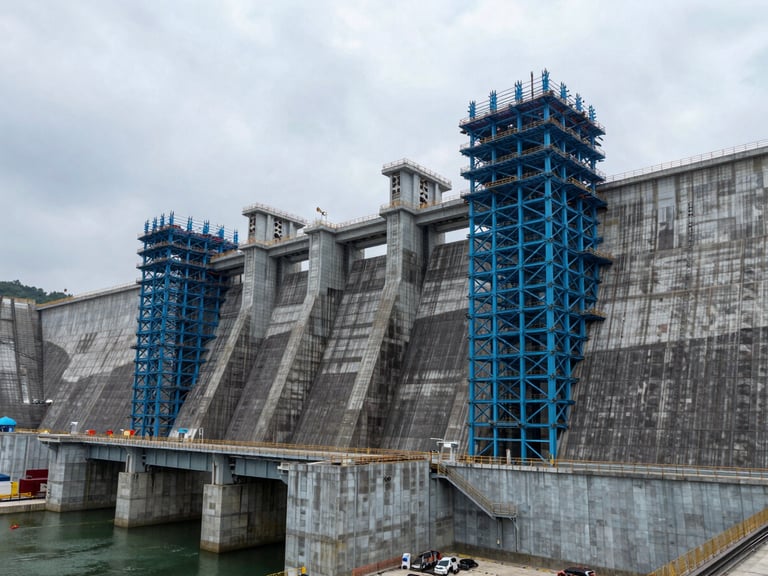Wide-angle shot of a hydroelectric dam under construction in Malaysia, cool overcast daylight, structural steel blue tones, sharp technical detail.