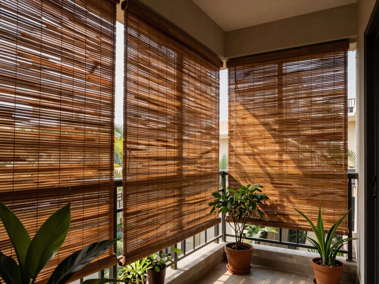 Wide shot of a modern apartment balcony in Gomti Nagar shaded by rich ochre bamboo blinds, creating a cool private sanctuary with green potted plants.