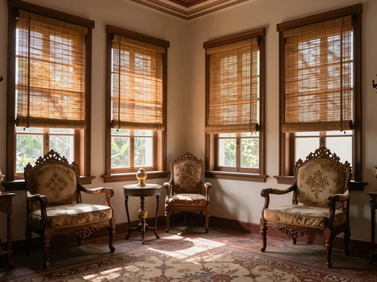 A beautifully designed Lucknow drawing room with large windows dressed in fine wooden bamboo blinds, casting soft dappled light onto elegant heritage furniture.