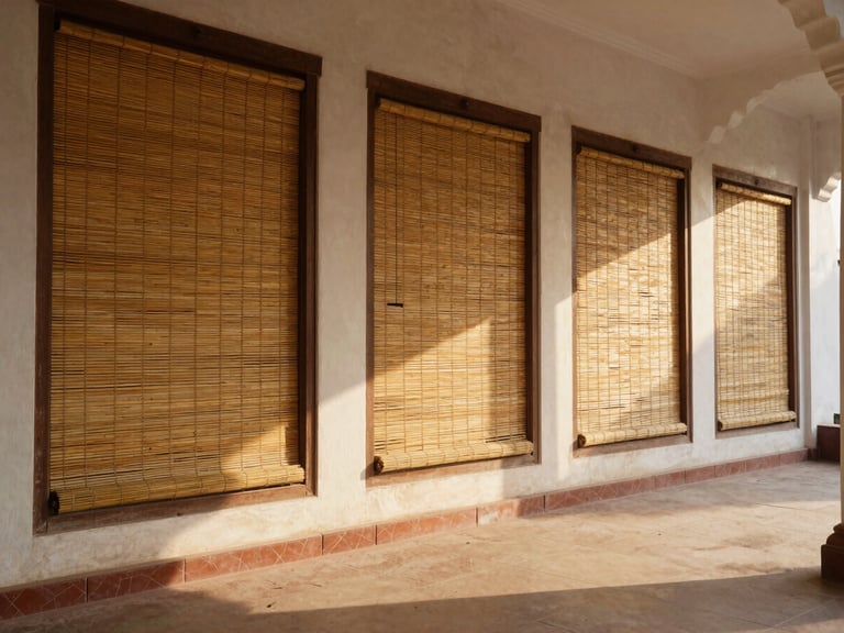 A wide shot of a beautifully shaded Lucknow verandah with hand-woven bamboo blinds installed, casting soft golden shadows on the tiled floor.