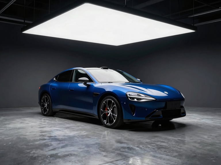 Sleek modern automotive workshop, clean concrete floors, a polished luxury sedan under precise overhead LED lights, deep navy shadows, electric blue highlights, 85mm