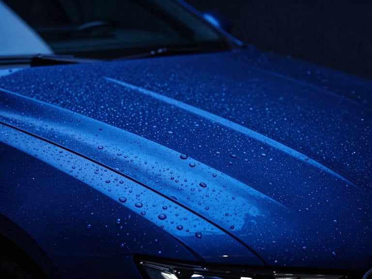 Macro shot of water droplets perfectly beading on a polished, deep blue ceramic-coated luxury car hood, dramatic studio lighting with neon blue highlights, 85mm