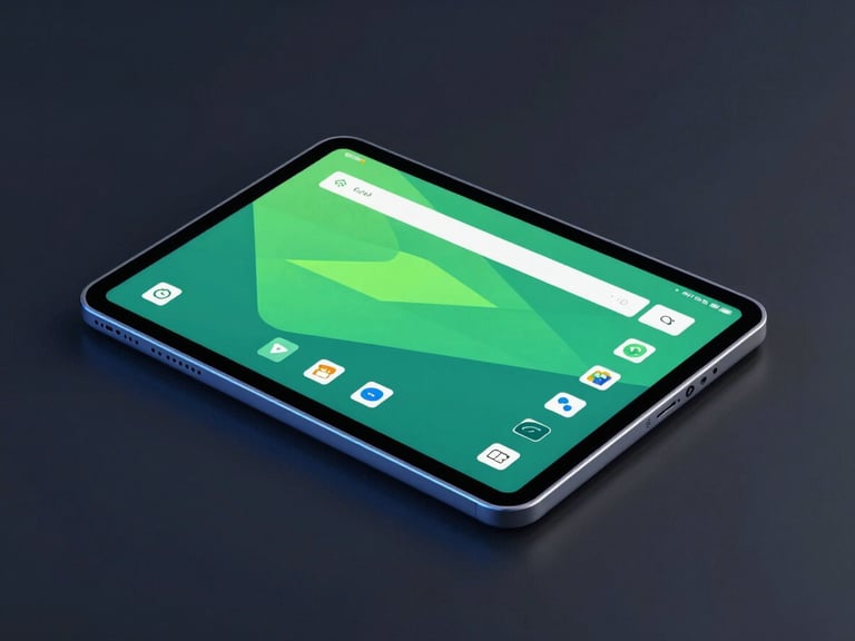 Isometric angle of a sleek Android tablet on a dark desk, showing a clean productivity interface, electric blue backlighting.