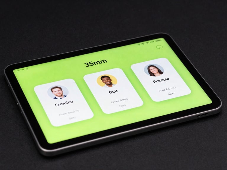 Sleek tech photography, cool studio lighting, dark background with neon green accents, crisp macro device mockup of an educational quiz app on an Android tablet, 35mm
