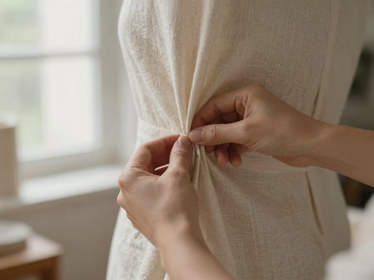 Close-up of hands pinning a classic pinch pleat drape in a workroom, soft natural window light, shallow depth of field.