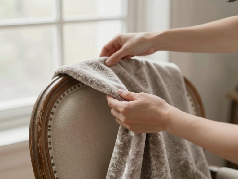 Close-up of hands stretching luxurious velvet fabric over an antique chair frame, diffused natural light, workroom setting.