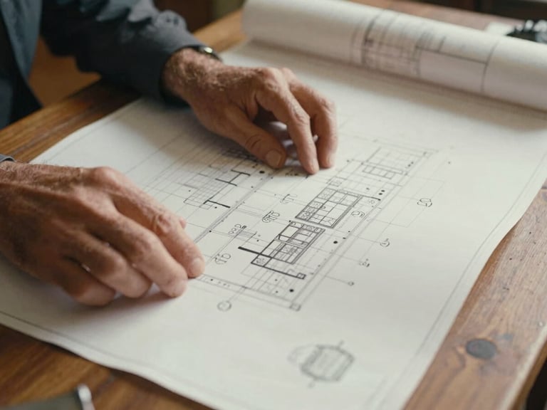 Close-up of David Vario's hands, 50s, reviewing blueprints or schematics on a wooden desk, warm indoor lighting, rich textures of wood and paper.