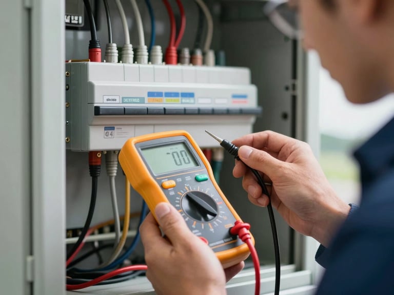 Close-up of a certified technician inspecting an electrical panel with a professional digital multimeter, crisp alpine daylight, clean and technical composition.
