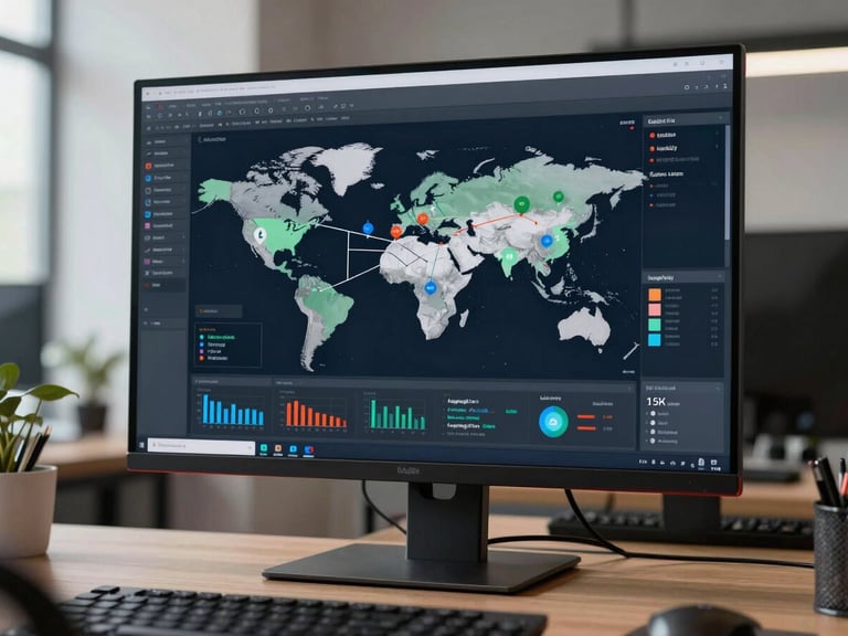 A modern clean workspace showcasing a high-resolution monitor displaying global logistics routes and supply chain data visualization