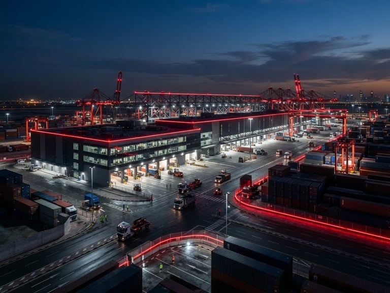 Wide-angle architectural shot of a modern logistics terminal in Dubai at dusk, dramatic red safety lights, sharp shadows, premium corporate photography style.