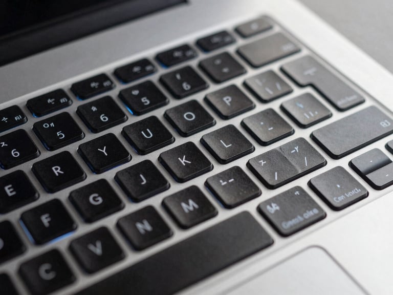 Macro shot of clean modern laptop keyboard with subtle electric blue backlighting, technical precision, high contrast