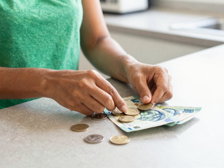 Close-up of a Brazilian woman's hands carefully counting coins and small bills on a kitchen counter, bright natural daylight, soft shadows, warm tones, clean editorial photography, soft green and blue accents, realistic domestic setting, 35mm