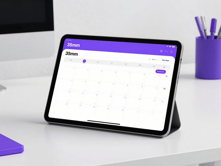 Clean modern desk setup with a tablet displaying a calendar booking screen, warm purple accents, 35mm
