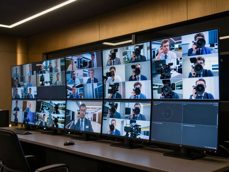 tela de monitoramento de alta tecnologia exibindo múltiplas câmeras de segurança em um ambiente de sala de controle moderno, luz azul fria e acentos dourados, foco nítido, enquadramento arquitetônico