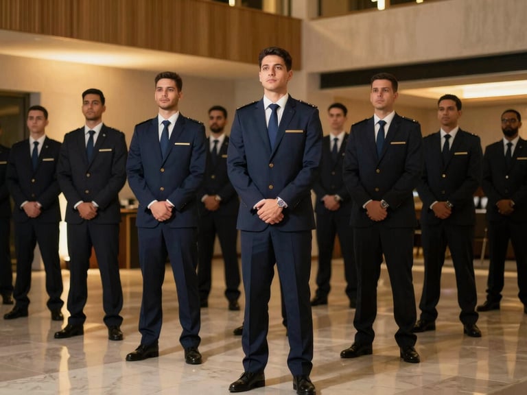 equipe de segurança profissional em uniformes nítidos e sob medida, discretamente posicionados em um evento corporativo elegante, luz ambiente suave com detalhes dourados, foco nítido, enquadramento arquitetônico
