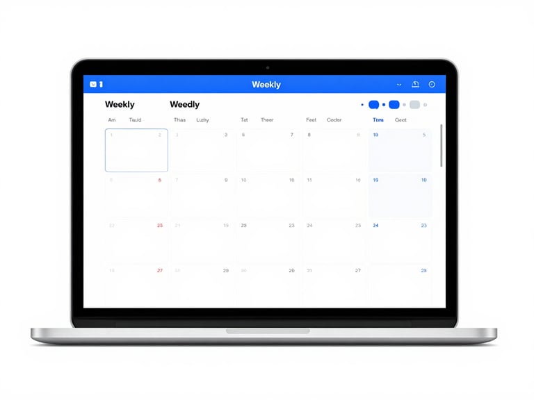 Minimalist digital mockup of a weekly study calendar interface on a laptop screen, showing daily unlocked PDF chapters and short video icons, clean blue accents