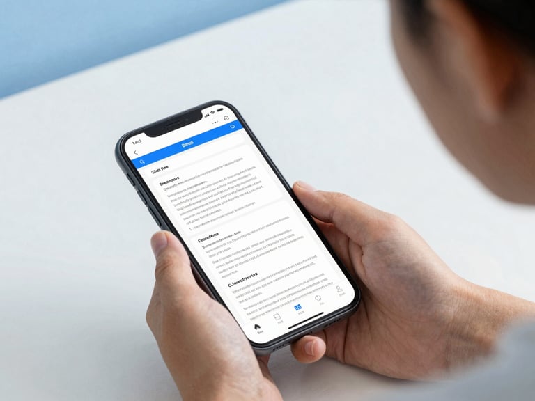 A close-up shot of a student studying in a clean, modern room, viewing a highly structured educational PDF on a mobile screen, soft blue ambient lighting