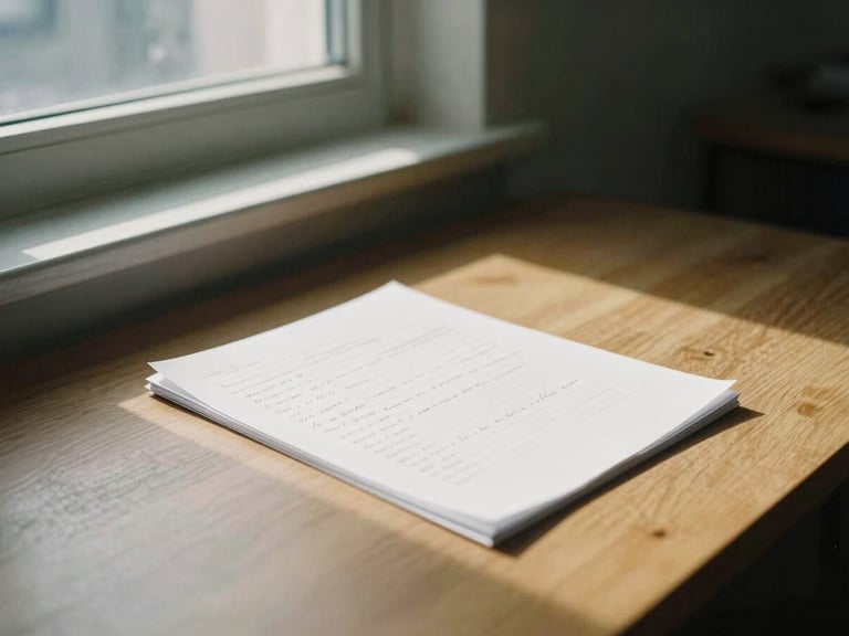 A quiet, high-focus working environment, a physical research document with hand-written notes on a wooden table, natural side window light, deep shadows, desaturated warm tones, 35mm film grain