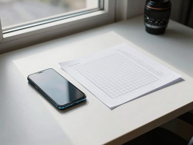 Wide flat-lay on a white desk: an Android phone next to a printed wireframe grid with handwritten notes at the margins, high-contrast north-facing window light, no people visible