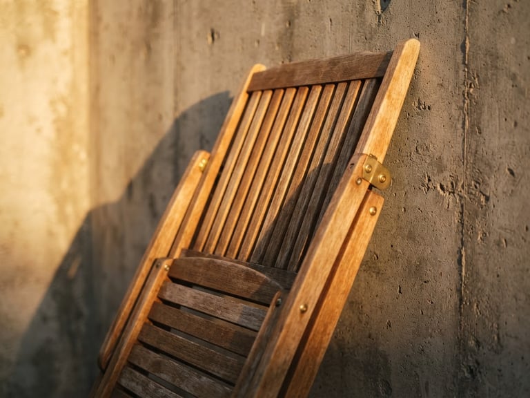 A close-up of a folded wooden lounger leaning against a cast concrete wall, sharp golden hour shadows, warm wood grain texture.