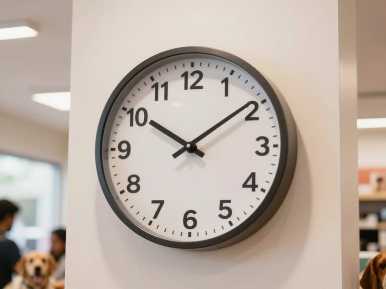 Close-up of a store clock showing 10:00 AM, warm interior lighting, clean modern aesthetic, 35mm
