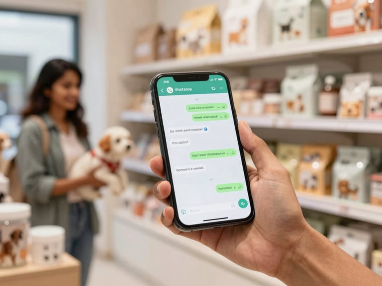 Hand holding a smartphone displaying a WhatsApp chat screen with pet products, soft focus background of a pet store, 35mm