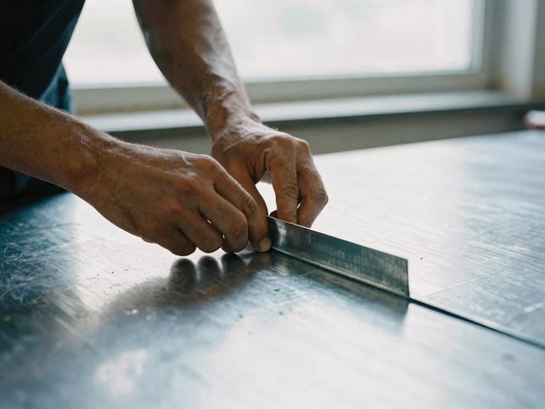 Close-up of an artisan's hands carefully folding a galvanized steel sheet on a workshop table, soft overcast daylight from a side window, metallic textures, 35mm photography