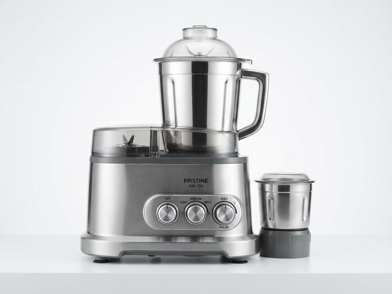 Bright high-key product photography of a premium stainless steel juicer mixer grinder with heavy-duty physical control knobs, clean studio lighting, crisp white background, 50mm lens