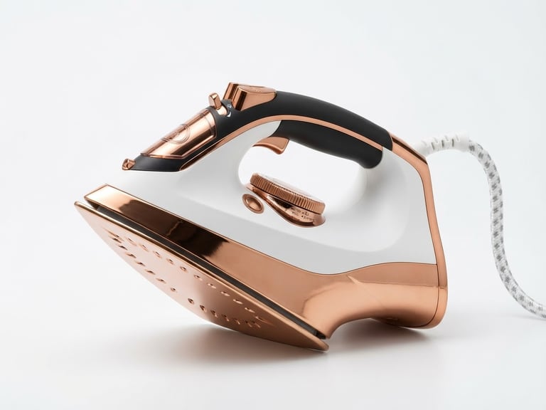 Bright high-key product photography of a heavy-soleplate electric iron with copper metallic accents, sharp studio lighting, crisp white background.