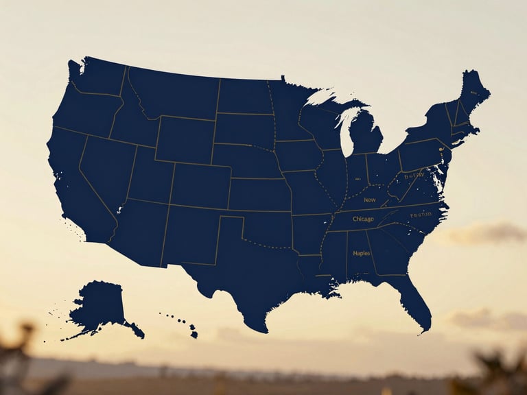 A clean minimalist map graphic of the United States highlighting direct transport corridors from New York, Chicago, and Boston down to Naples, Florida, in a refined navy and gold color scheme