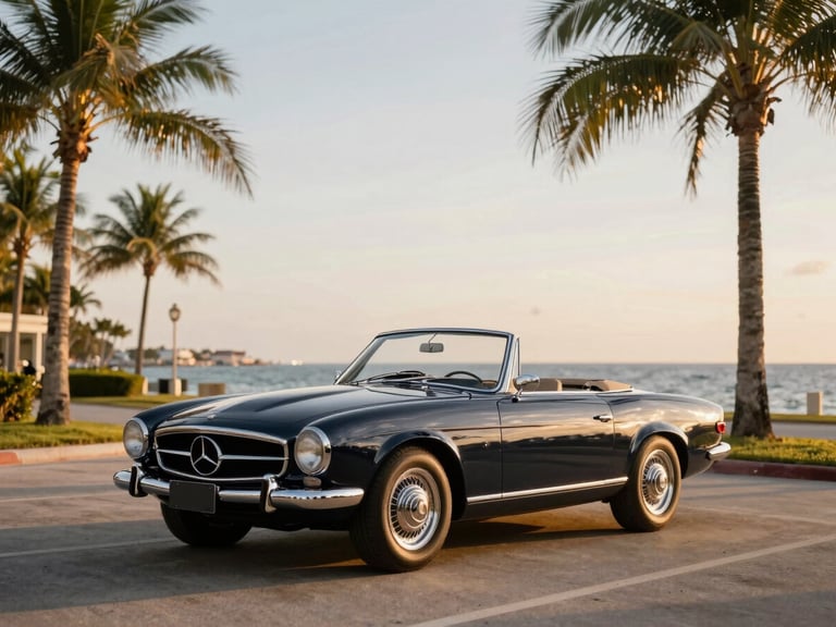 A classic vintage Mercedes convertible parked on a quiet, sun-drenched coastal avenue in Naples, Florida, framed by elegant palm trees and warm golden-hour light, 35mm.